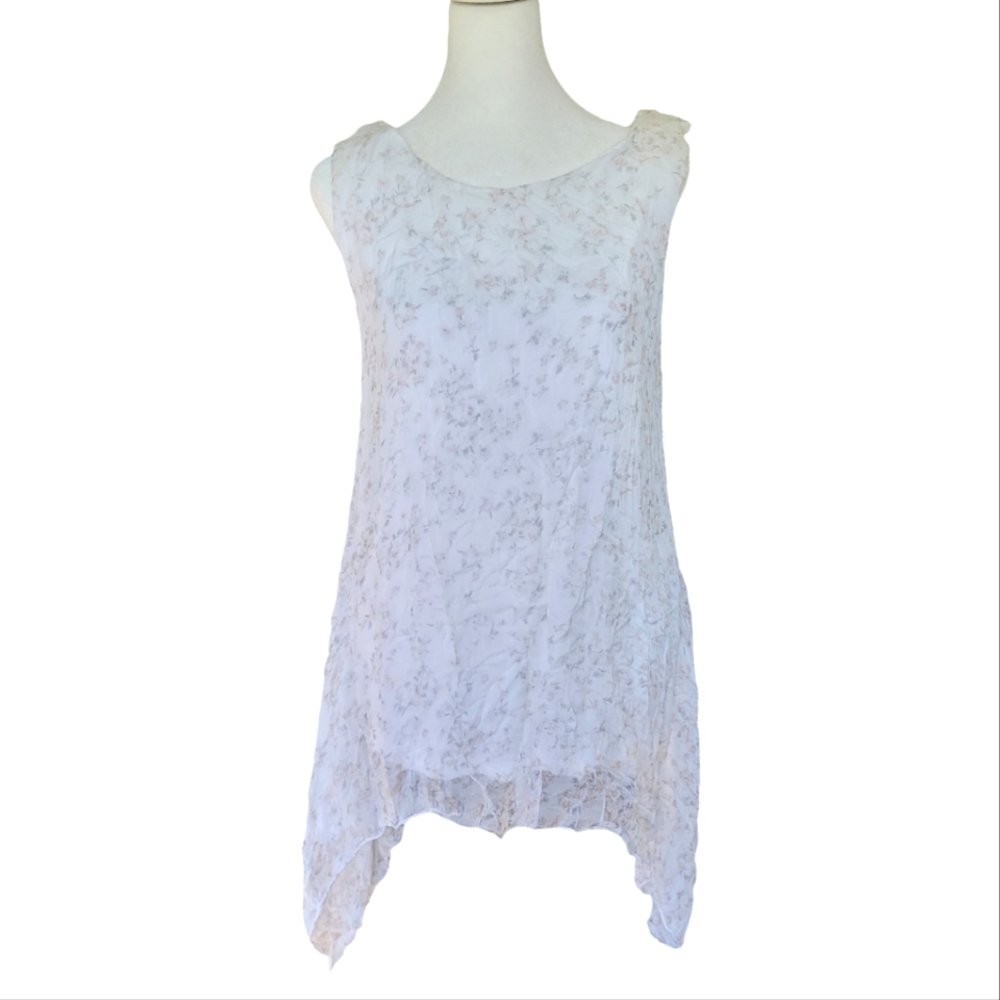 Giusy 100% Silk Floral Sleeveless Long TunicTop White Women's Large